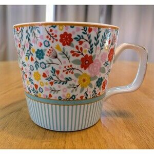 Grace Fine Ceramic 12 Oz Coffee Mug Teal Stripes/Flowers Gold Handle Cottagecore